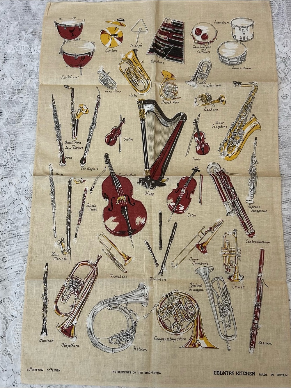 Vintage old new stock made in England Instruments Print Tea Towel